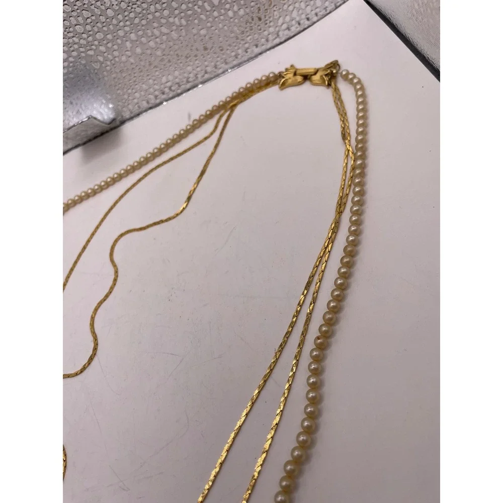 Vintage Crown Trifari© Gold Tone & Faux Pearl‎ Triple Strand Necklace 27